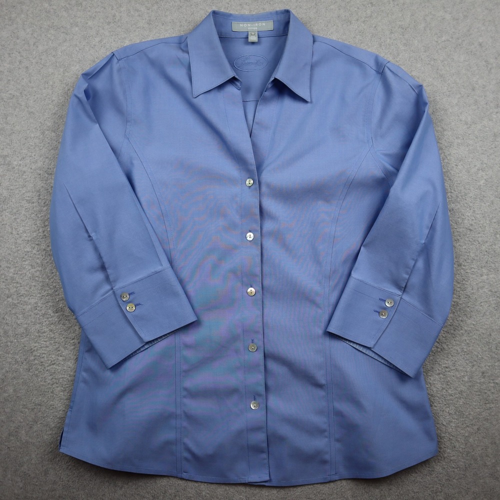 Foxcroft Shirt Top Womens 12P Fitted Blue Non-Iron 3/4 Sleeve Button Down Cotton